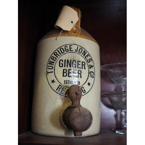 244 - A Tunbridge Jones & Co - Reading Ginger Beer stoneware handled flagon with wooden tap, 13 3/4