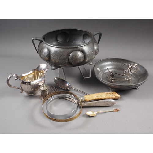 298 - A planished pewter tureen base, a similar dish, loose cutlery, a fish serving set, in case, and othe... 