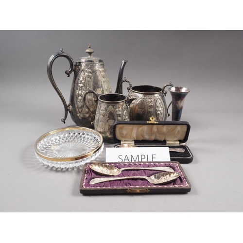 304 - A silver plated three-piece teaset with embossed decoration, a pair of plated sandwich servers, in f... 