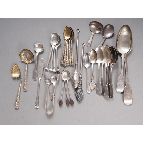 312 - A selection of silver flatware, including teaspoons, a sifter spoon, a tablespoon, two caddy spoons,... 