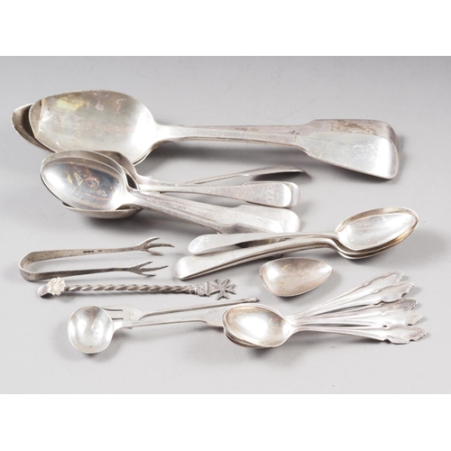 321 - A Georgian tablespoon, five matching teaspoons, a mustard spoon and other items, 13.5 oz troy approx