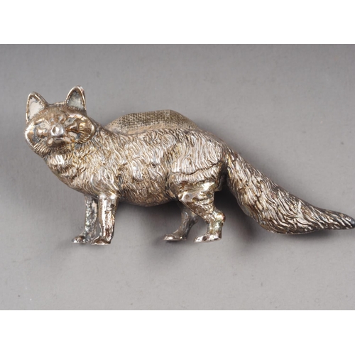 328 - A Levi and Salaman novelty silver pin cushion, formed as a standing fox, Birmingham 1907, 2 1/2