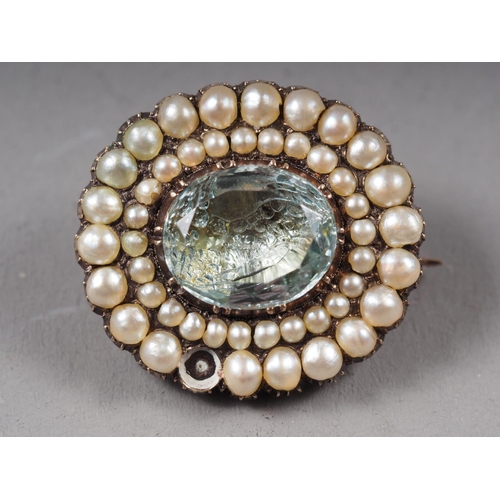 402 - A Victorian 15ct gold brooch, another similar yellow metal brooch set, seed pearls formed as a bird ... 