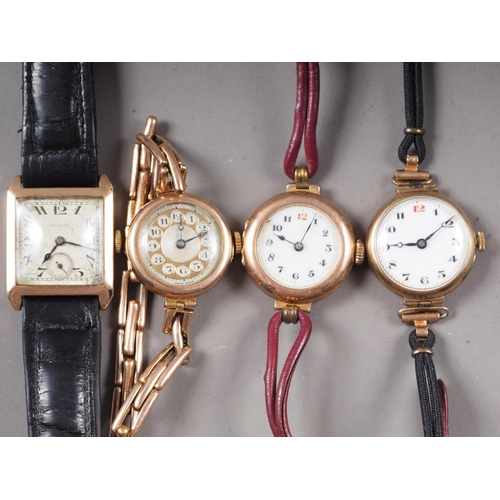 403 - A gentleman's Walker 9ct gold cased, squared faced wristwatch, with Arabic numerals and subsidiary s... 