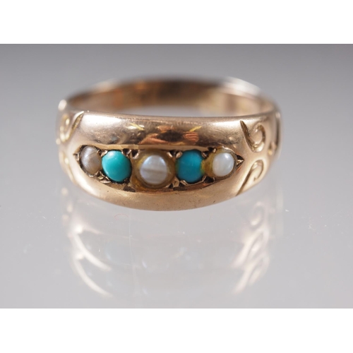 414 - A 9ct gold, turquoise and seed pearl dress ring, size J, 2g