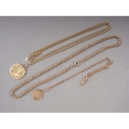 418 - A Victorian gold sovereign, dated 1899, in 9ct gold pendant mount and three gold necklaces, total we... 