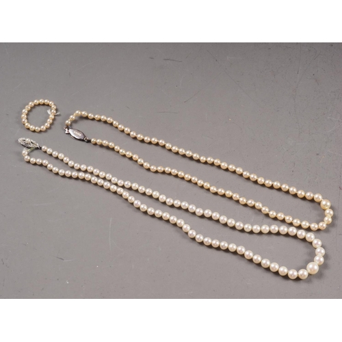 422 - A graduated cultured pearl necklace with 14ct white gold, pearl and diamond clasp, and another simil... 