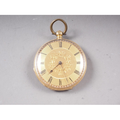 429 - A late 19th century 18ct gold cased open faced fob watch with engraved gilt dial and Roman numerals,... 