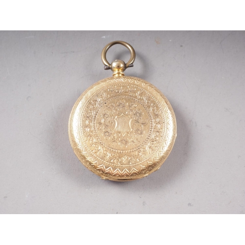 429 - A late 19th century 18ct gold cased open faced fob watch with engraved gilt dial and Roman numerals,... 