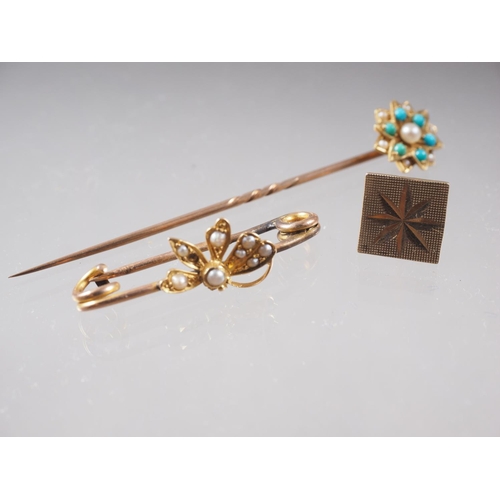 435 - A yellow metal, turquoise and seed pearl stick pin, a 9ct gold and seed pearl butterfly brooch (dama... 