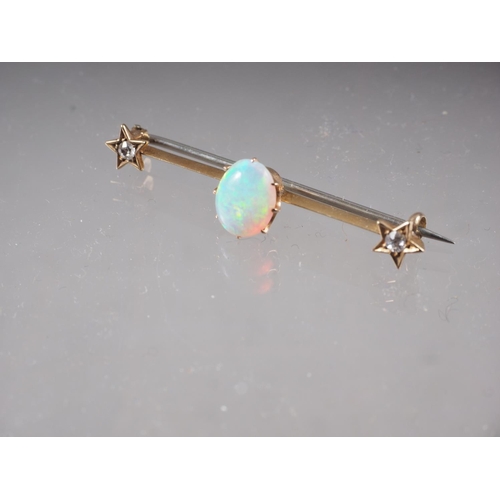 436 - A yellow metal, opal and diamond bar brooch