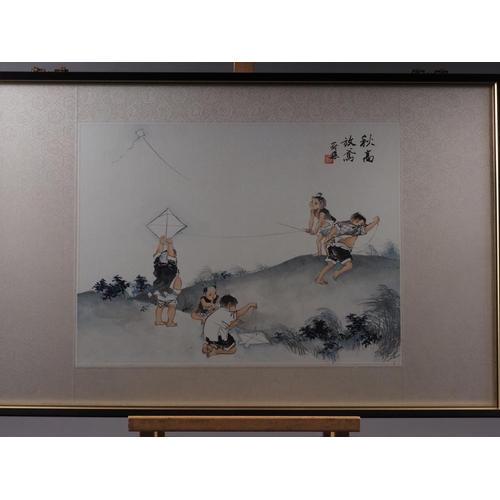 497 - A set of four Chinese watercolours, children playing, 13