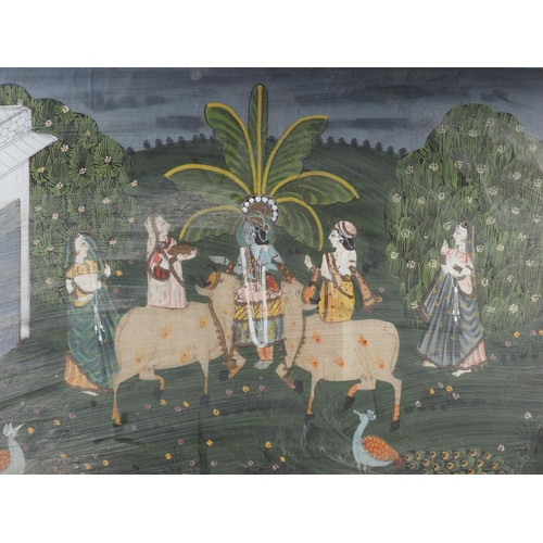 499 - Indian body colours on textile, Krishna with sacred cows and acolytes, 19