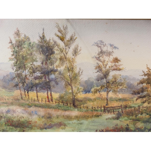 509 - L G Gouraine: watercolours, landscape with fence, 10