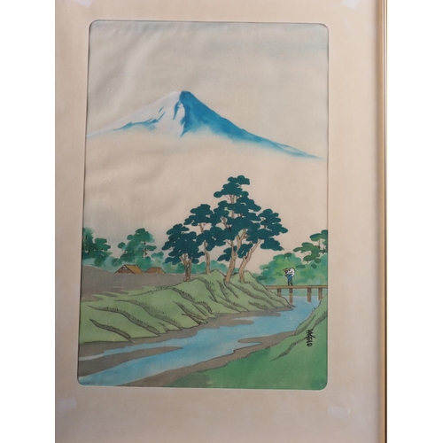 511 - Two Japanese watercolours on silk, view of Mt Fuji and boats on a lake, 14