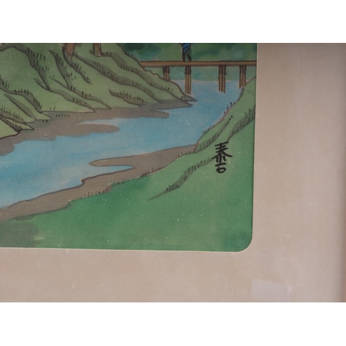 511 - Two Japanese watercolours on silk, view of Mt Fuji and boats on a lake, 14