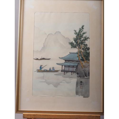 511 - Two Japanese watercolours on silk, view of Mt Fuji and boats on a lake, 14