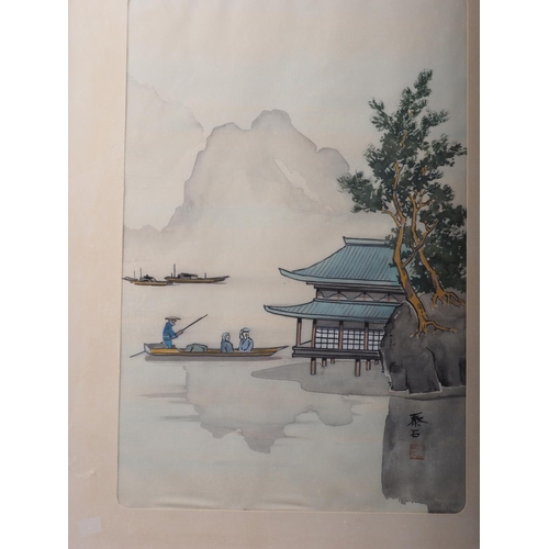 511 - Two Japanese watercolours on silk, view of Mt Fuji and boats on a lake, 14