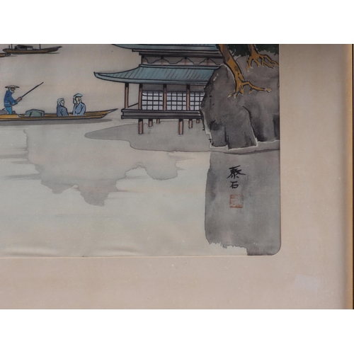 511 - Two Japanese watercolours on silk, view of Mt Fuji and boats on a lake, 14