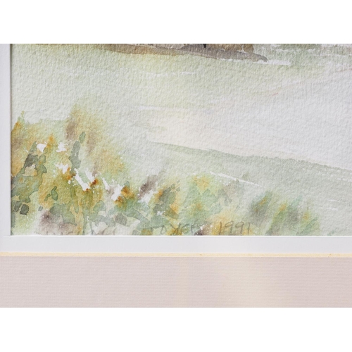 514 - Michael Joyce: watercolours, rural scene with distant buildings, 13 1/2