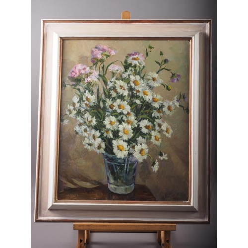 524 - H Raisob?, 1989: oil on board, still life, flowers in a glass vase, 19