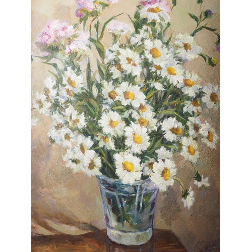 524 - H Raisob?, 1989: oil on board, still life, flowers in a glass vase, 19