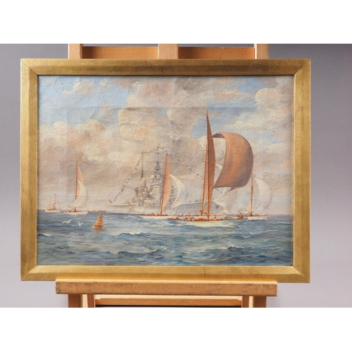 528 - J Dawkins: oil on canvas, battleship and boats at sea, 10 1/2