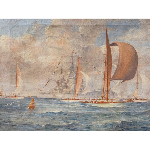 528 - J Dawkins: oil on canvas, battleship and boats at sea, 10 1/2