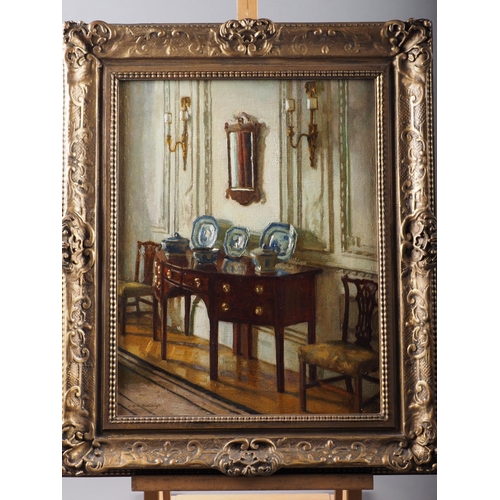 545 - C H H Burleigh, ROI: oil on canvas still life, corner of a state dining room, 17 1/2