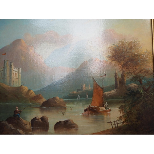 546 - Wheeldon 1884: oil on canvas, Continental River landscape with figure castles and church, 15