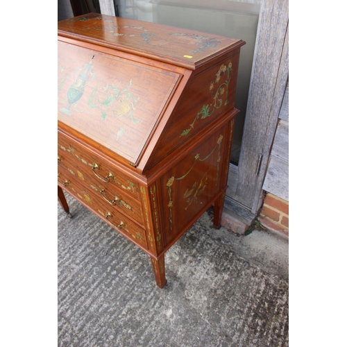 549 - A Sheraton Revival painted and banded satinwood fall front bureau with fitted interior over three dr... 