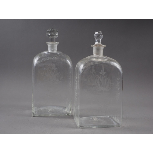 57 - Two clear glass Dutch decanters with matched stoppers, five terracotta jugs and other items