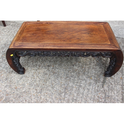 575 - A Chinese carved hardwood low table, on scroll end supports, 37