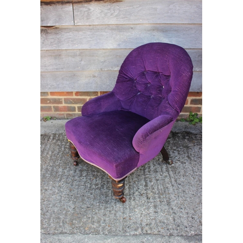 579 - A late 19th century tub-shape occasional chair, button upholstered in a purple velour, on turned and... 