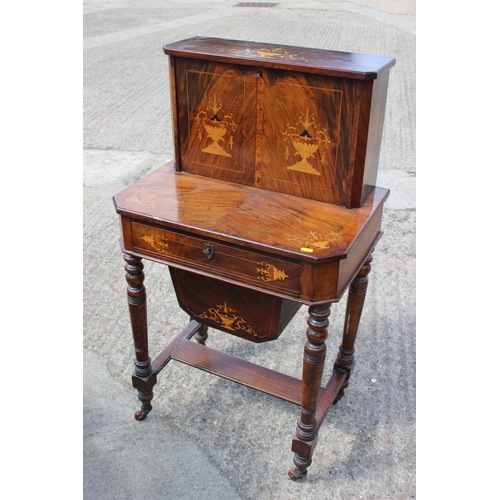 586 - A late 19th century figured walnut and inlaid bonheur de jour/work table, fitted drop front writing ... 