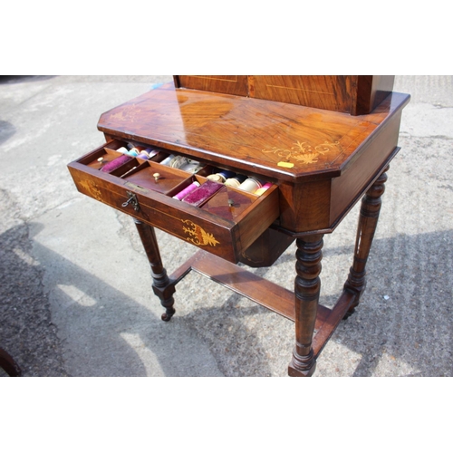 586 - A late 19th century figured walnut and inlaid bonheur de jour/work table, fitted drop front writing ... 