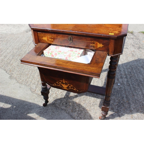 586 - A late 19th century figured walnut and inlaid bonheur de jour/work table, fitted drop front writing ... 