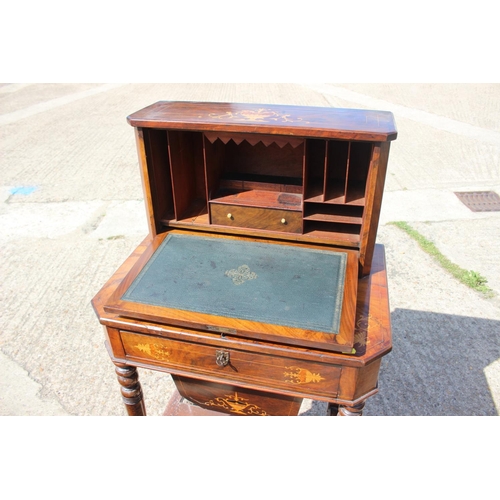 586 - A late 19th century figured walnut and inlaid bonheur de jour/work table, fitted drop front writing ... 