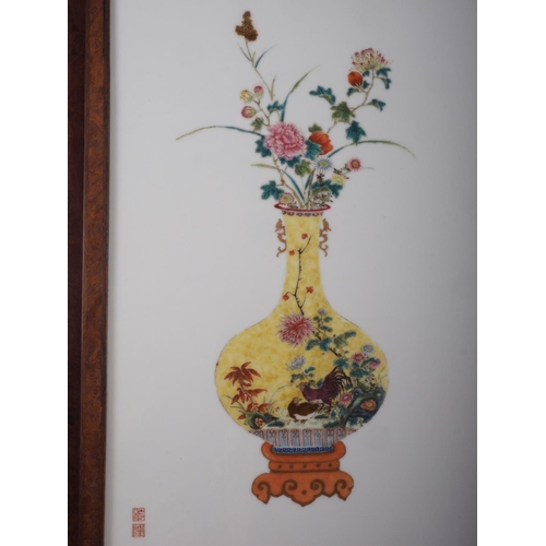 91 - A Chinese porcelain plaque with vase and flower decoration, seal marks, 9 3/4