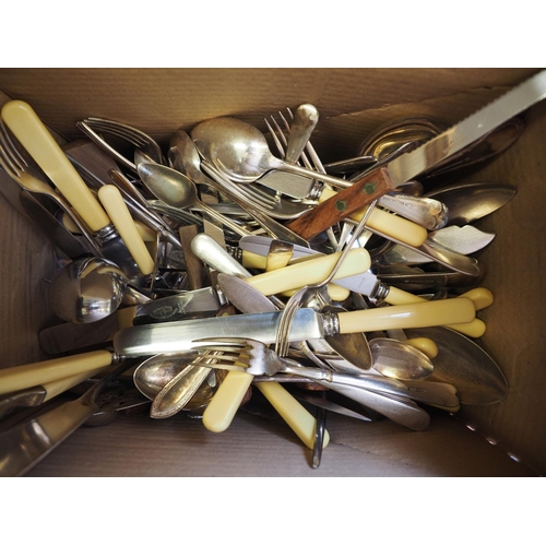 299 - A quantity of loose silver plated and stainless cutlery, a set of six silver butter knives with silv... 