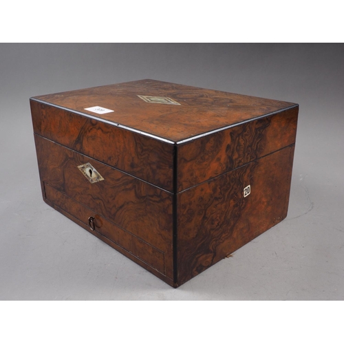 309 - A burr walnut mother-of-pearl and abalone inlaid travelling dressing table box with silver plated mo... 