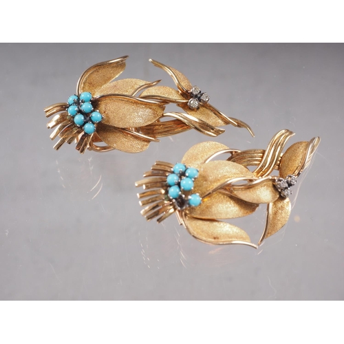 391 - A pair of yellow metal, turquoise and diamond ear clips, total weight 16.5g