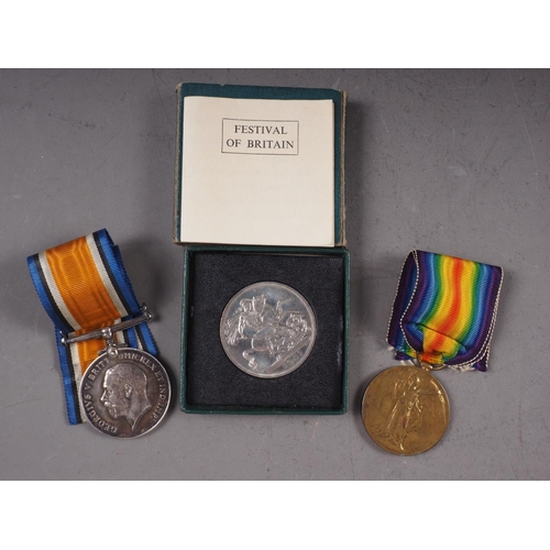 442 - A WWI medal pair to 60872 PTE S Jones Monmouth R, and a Festival of Britain crown