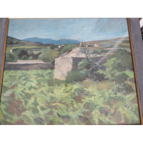 541 - An oil on board landscape with distant buildings, 19