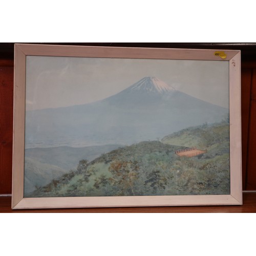 485 - Early 20th century watercolour, view of mount Fuji, indistinctly signed Tunamiliy? 12 3/4