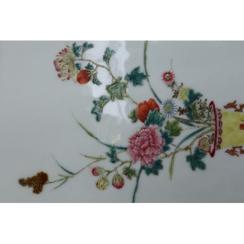 91 - A Chinese porcelain plaque with vase and flower decoration, seal marks, 9 3/4