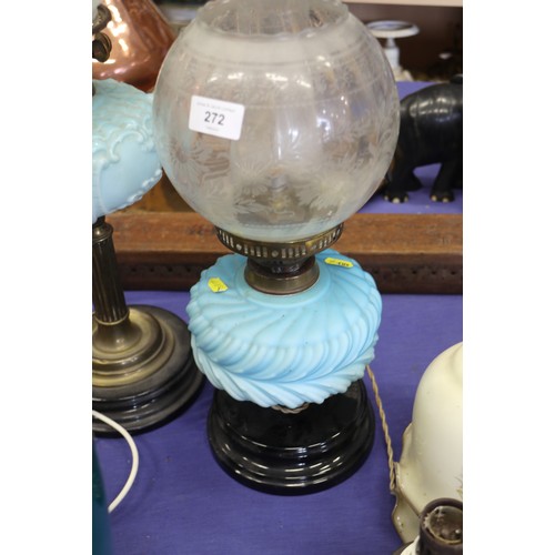 272 - A late 19th century brass oil lamp with milk blue glass reservoir and etched glass floral design sha... 