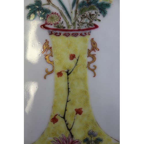 91 - A Chinese porcelain plaque with vase and flower decoration, seal marks, 9 3/4