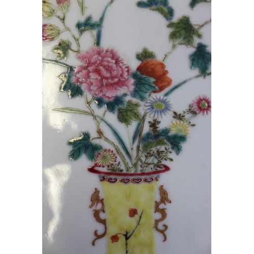 91 - A Chinese porcelain plaque with vase and flower decoration, seal marks, 9 3/4