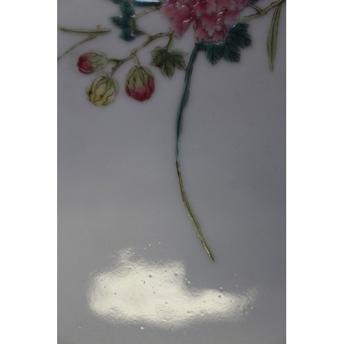 91 - A Chinese porcelain plaque with vase and flower decoration, seal marks, 9 3/4